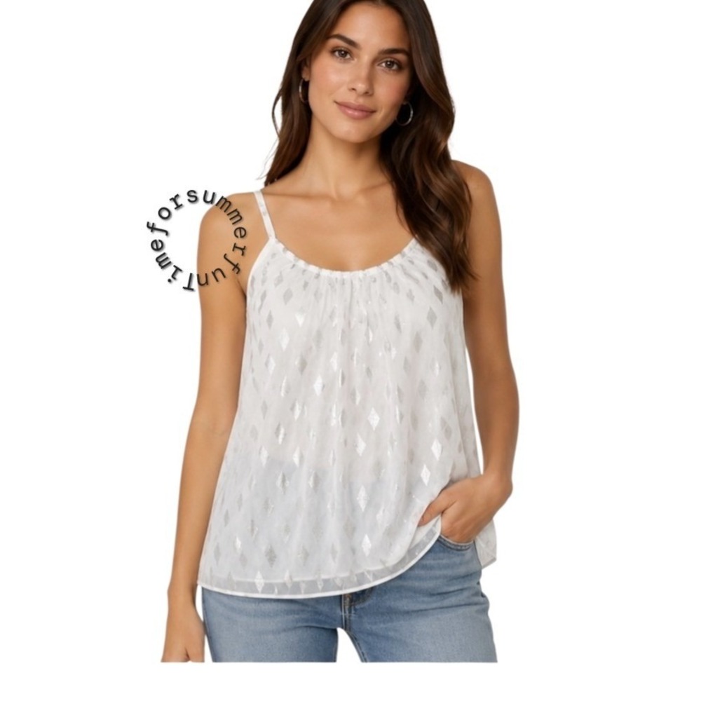 White House Black Market New Dawn Foil Cami Womens Silver Diamond Large L NWT